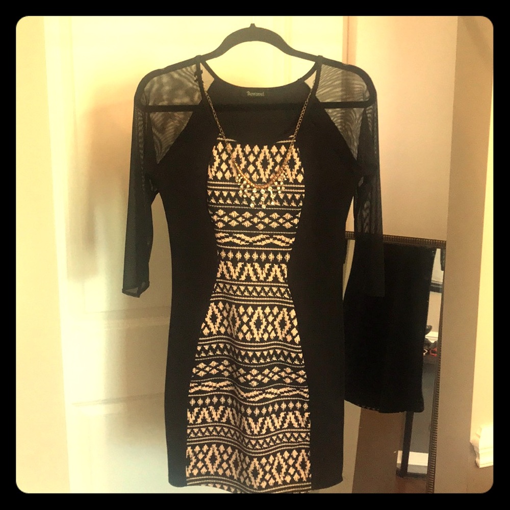 Tan & Black Mini Party Dress With Sheer Sleeves